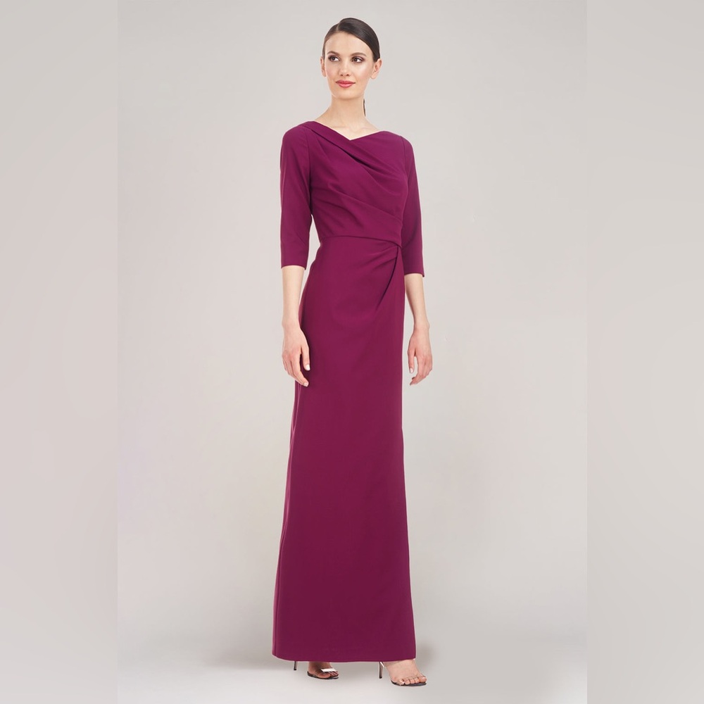 NEW Kay Unger Margerite Draped Crepe slit Gown elbow sleeve berry MOB wedding 0
